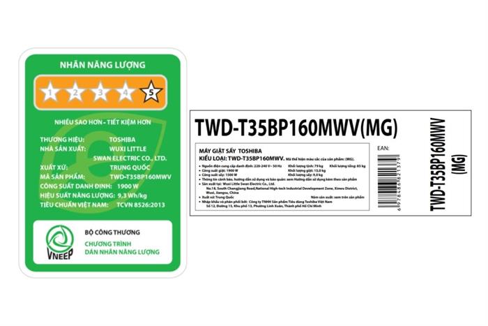 Máy giặt sấy Toshiba Inverter giặt 15 kg - sấy 9 kg TWD-T35BP160MWV(MG)